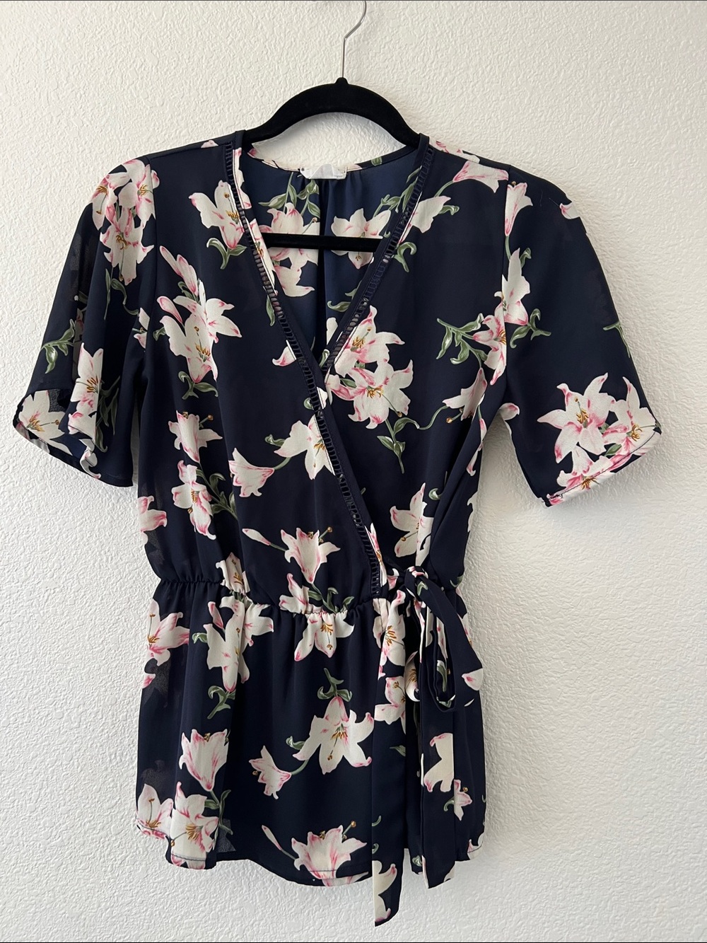 Navy Blue Floral Faux Wrap Blouse